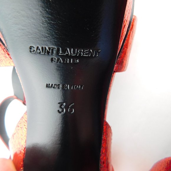 New YSL SAINT LAURENT Red Metallic Shimmer Leather T-Strap Heel Sandals 36 - Picture 9 of 9